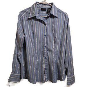 NEW YORK & COMPANY Pleated Stretch Blouse Shirt Blue w/ White Stripe Women's L